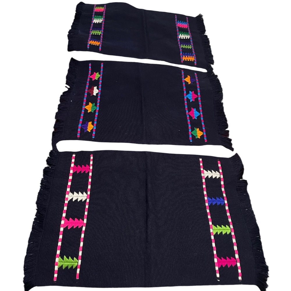 Embroidered Table placemats‎ Set 3 Navy Colorful Boho Decor Latin America 22x14